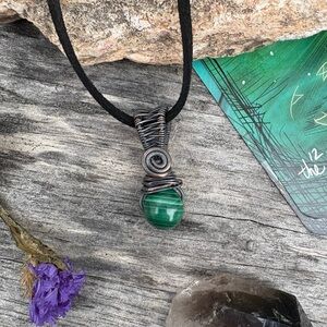 Men’s Malachite Necklace - Wire Wrapped Oxidized